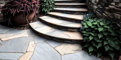 A meandering flagstone walkway winds its way up a staircase, pro